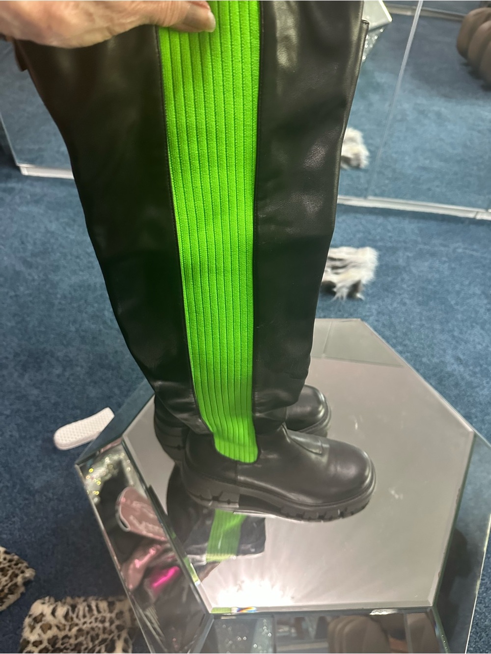 CouieCuier Black Leather Boots with Neon Green Ribbed Panel never worn